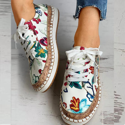 Violet - Boho Women's Comfort Trainers with Floral Print Upper and Cork Flatform Sole
