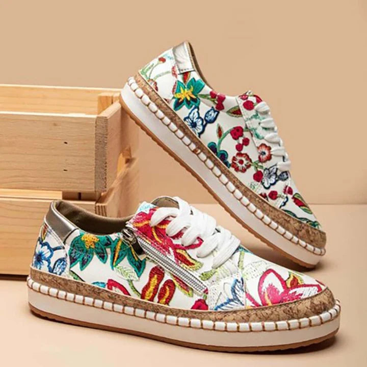 Violet - Boho Women's Comfort Trainers with Floral Print Upper and Cork Flatform Sole
