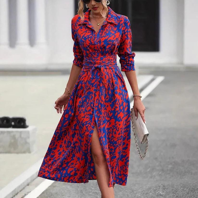 Vivienne - Vintage Women's Maxi Dress with Shirt Collar and Belted Waist in Bold Print