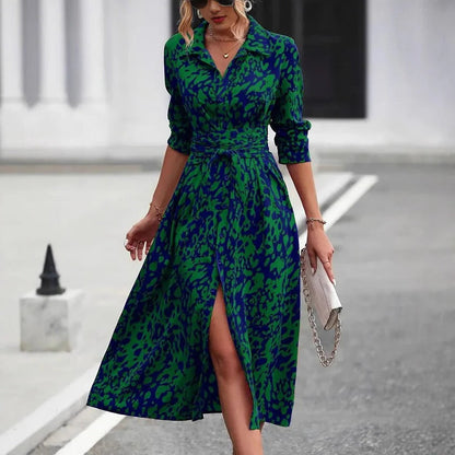 Vivienne - Vintage Women's Maxi Dress with Shirt Collar and Belted Waist in Bold Print