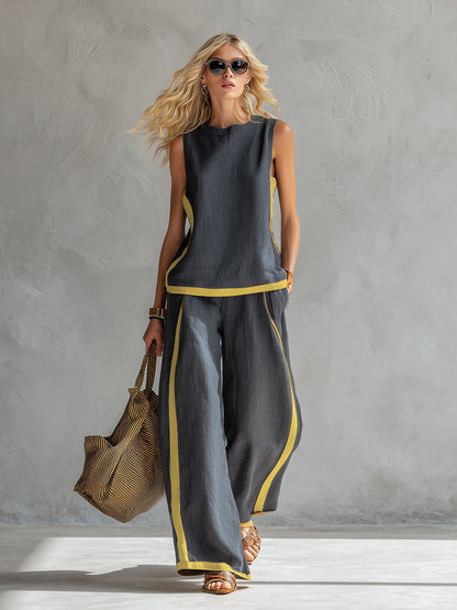 Willow - Smart Women's Linen Set with Contrast Trim and Wide Leg Trousers
