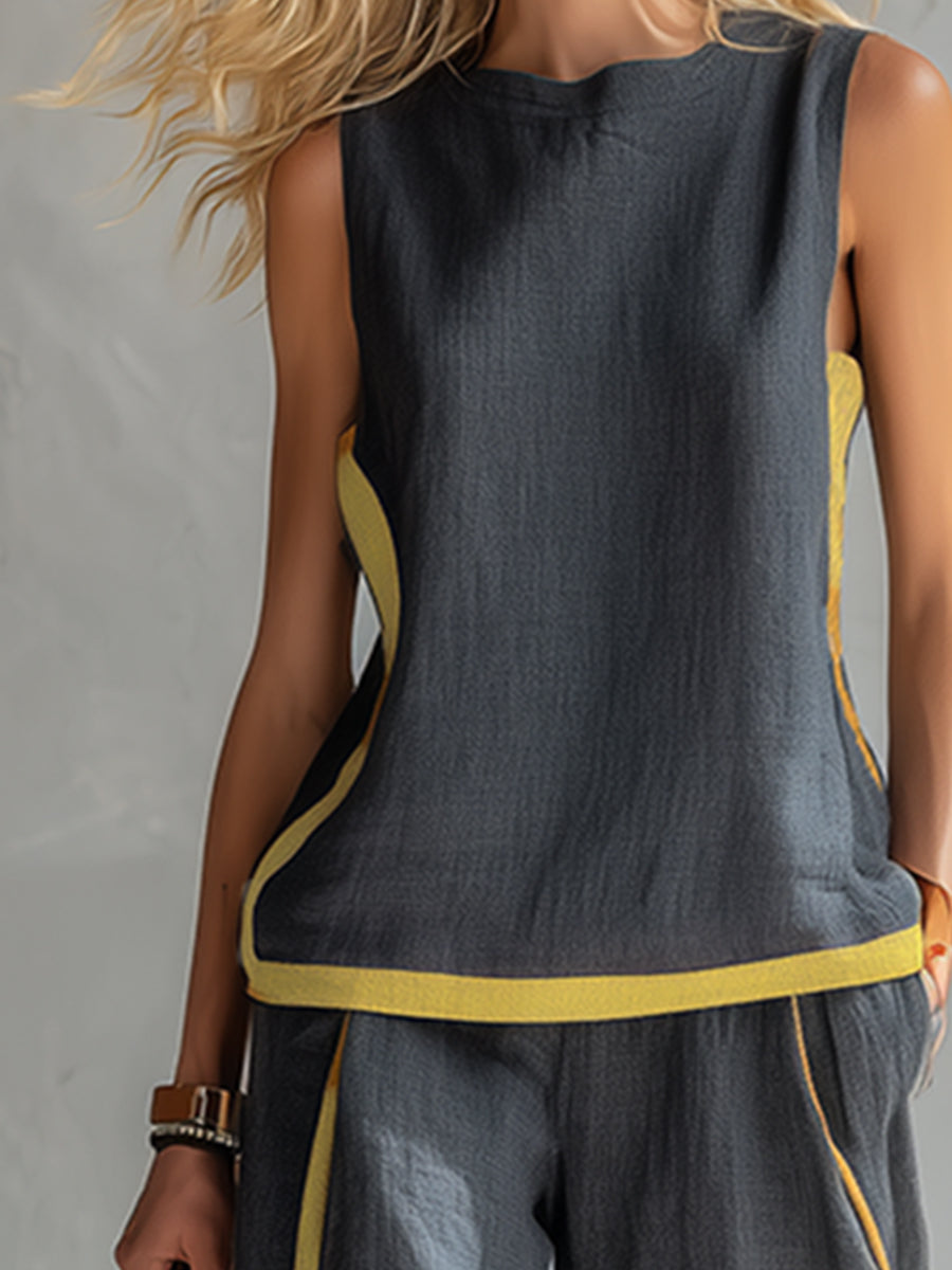 Willow - Smart Women's Linen Set with Contrast Trim and Wide Leg Trousers