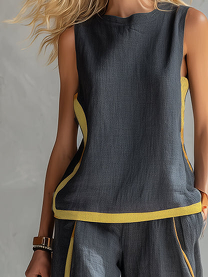 Willow - Smart Women's Linen Set with Contrast Trim and Wide Leg Trousers