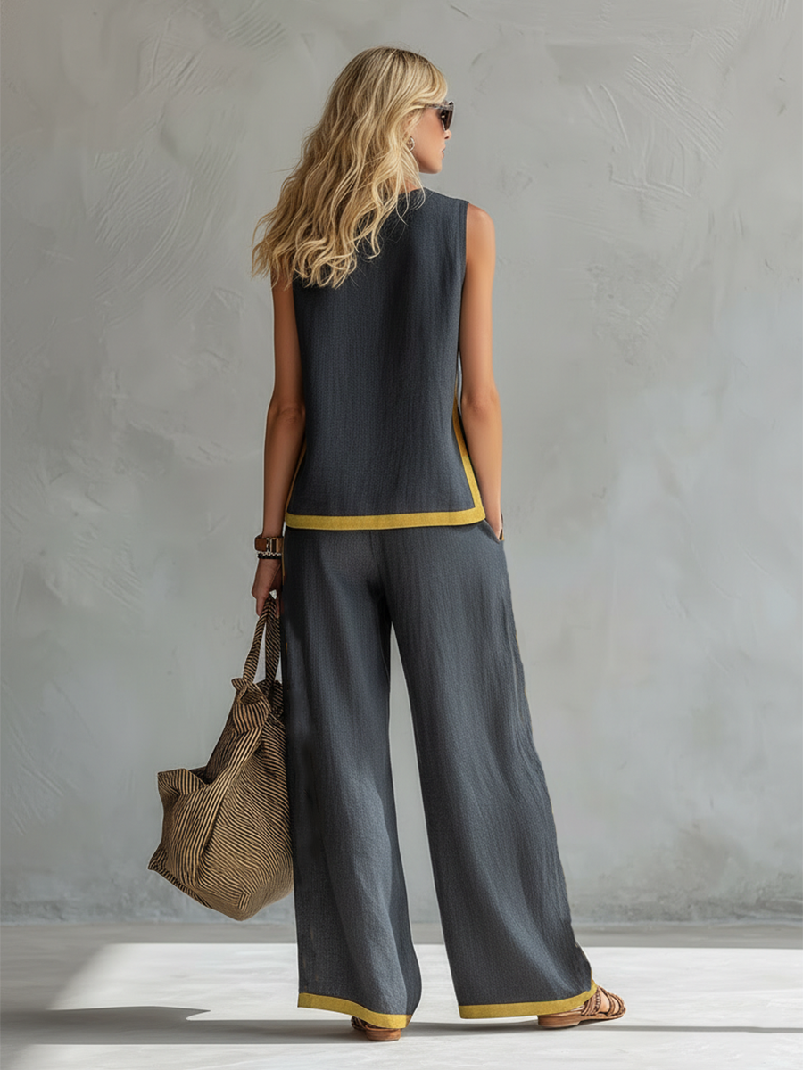 Willow - Smart Women's Linen Set with Contrast Trim and Wide Leg Trousers