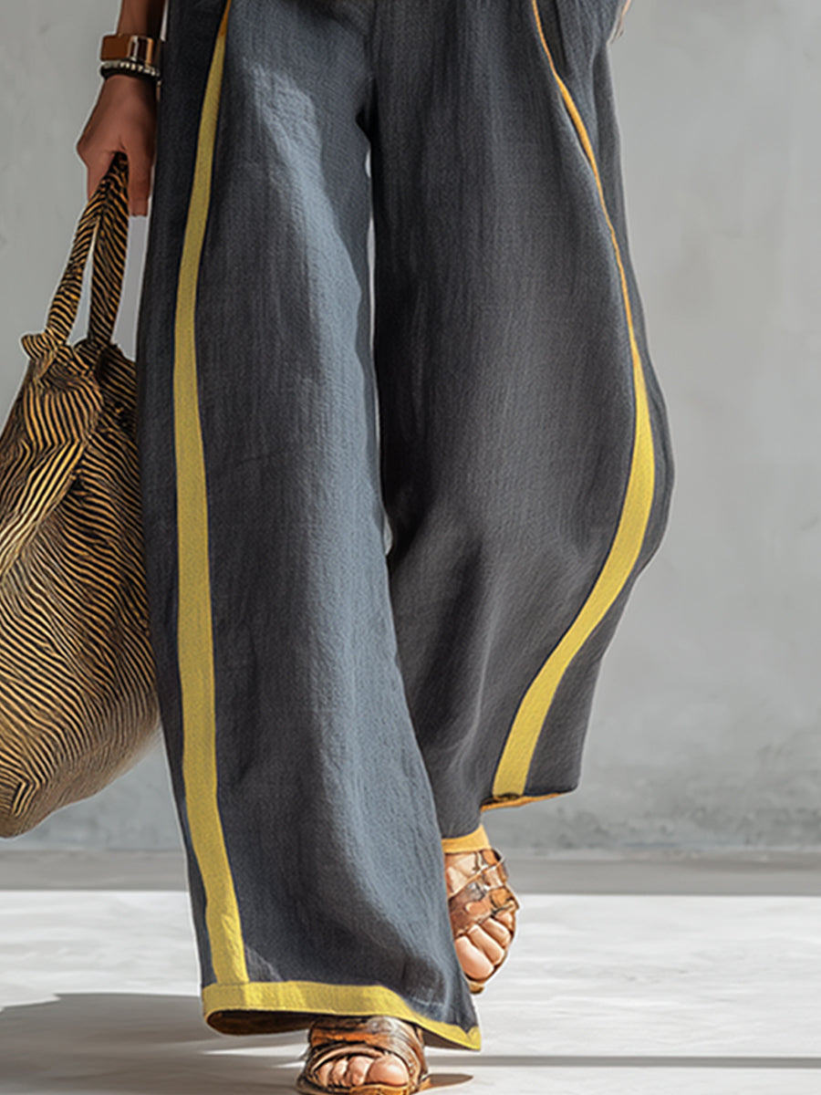 Willow - Smart Women's Linen Set with Contrast Trim and Wide Leg Trousers