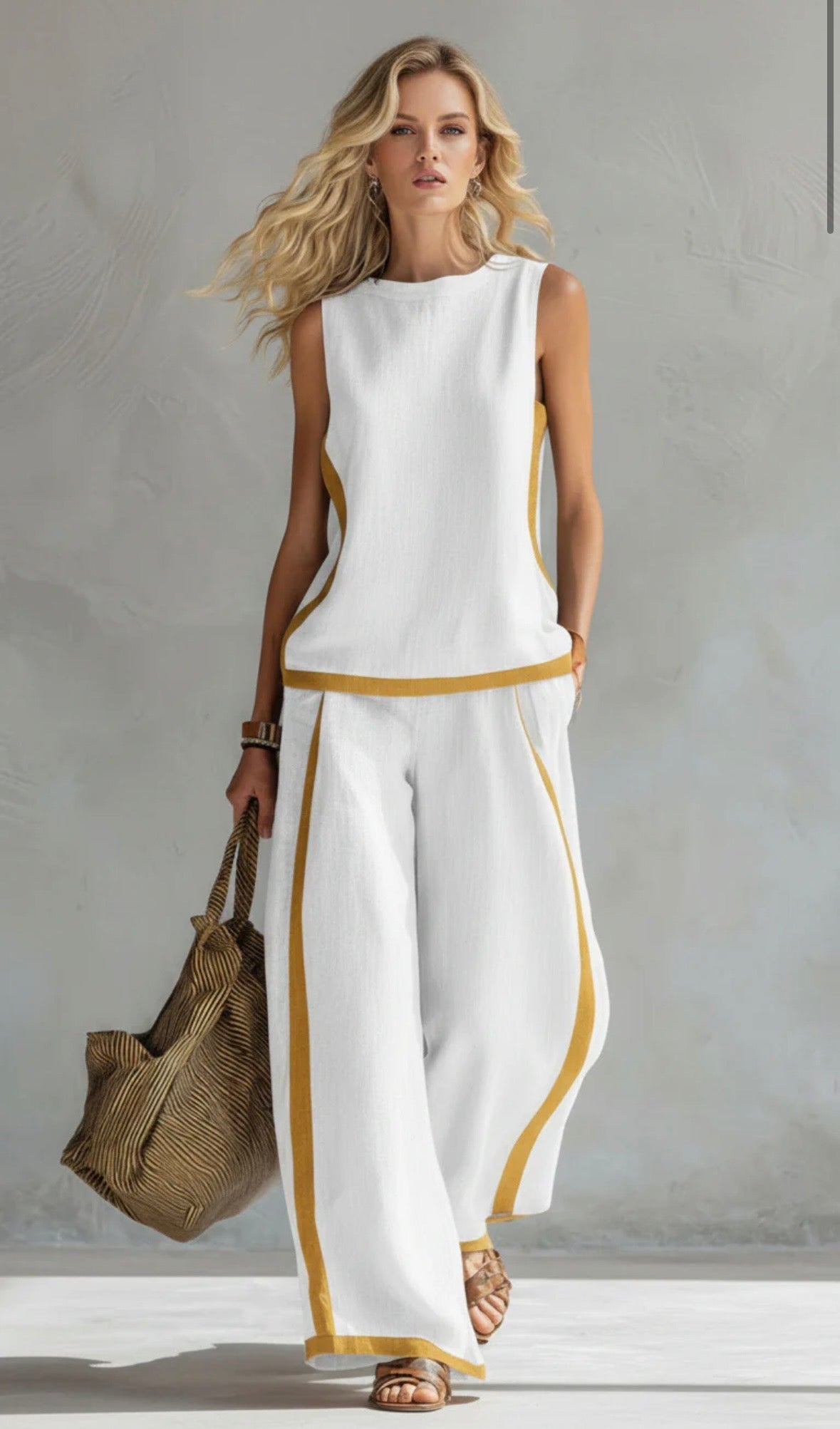 Willow - Smart Women's Linen Set with Contrast Trim and Wide Leg Trousers