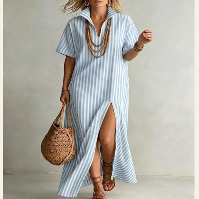 Wren - Preppy Women's Linen Maxi Dress with Striped Print and Side Slit