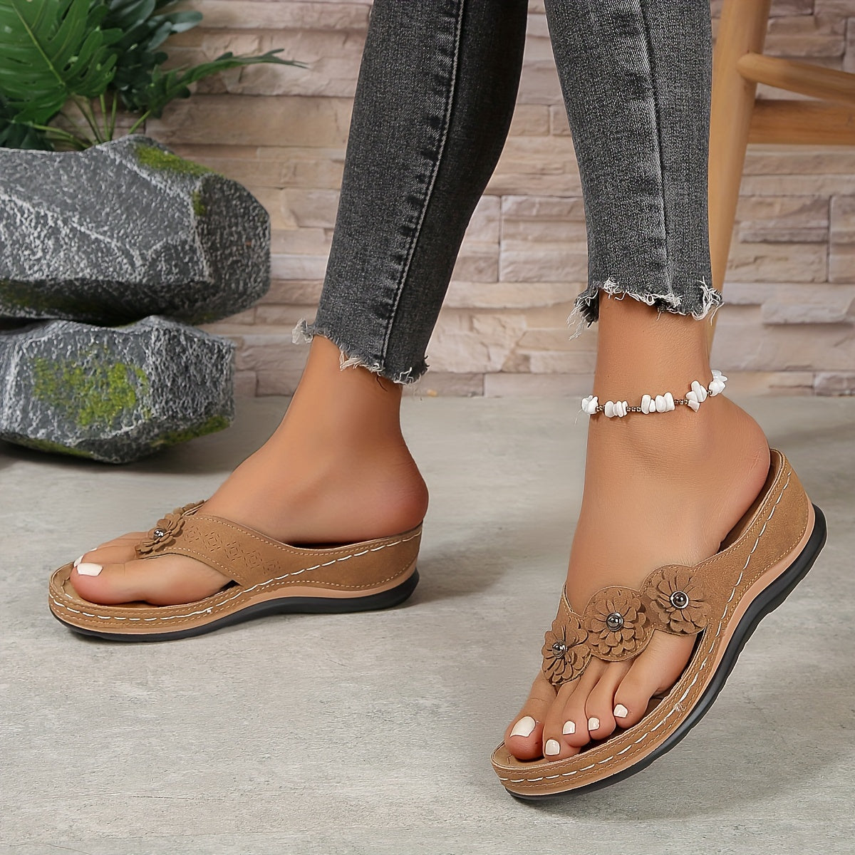 Penny - Boho Women's Orthopedic Wedge Flip Flop Sandals with Flower Detail and Cushioned Platform