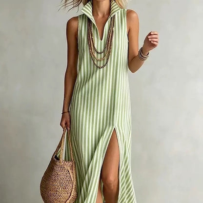 Beatrix - Flowy Women's Linen Maxi Dress with Striped Print and Collared Neckline