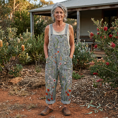 Lily - Casual Women's Linen Jumpsuit with Floral Embroidery and Wide Legs